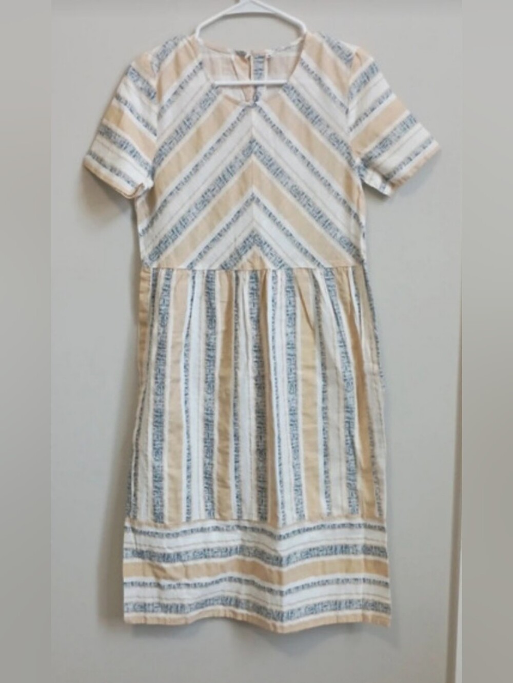 Neutral Striped Midi Dress in Beige and White